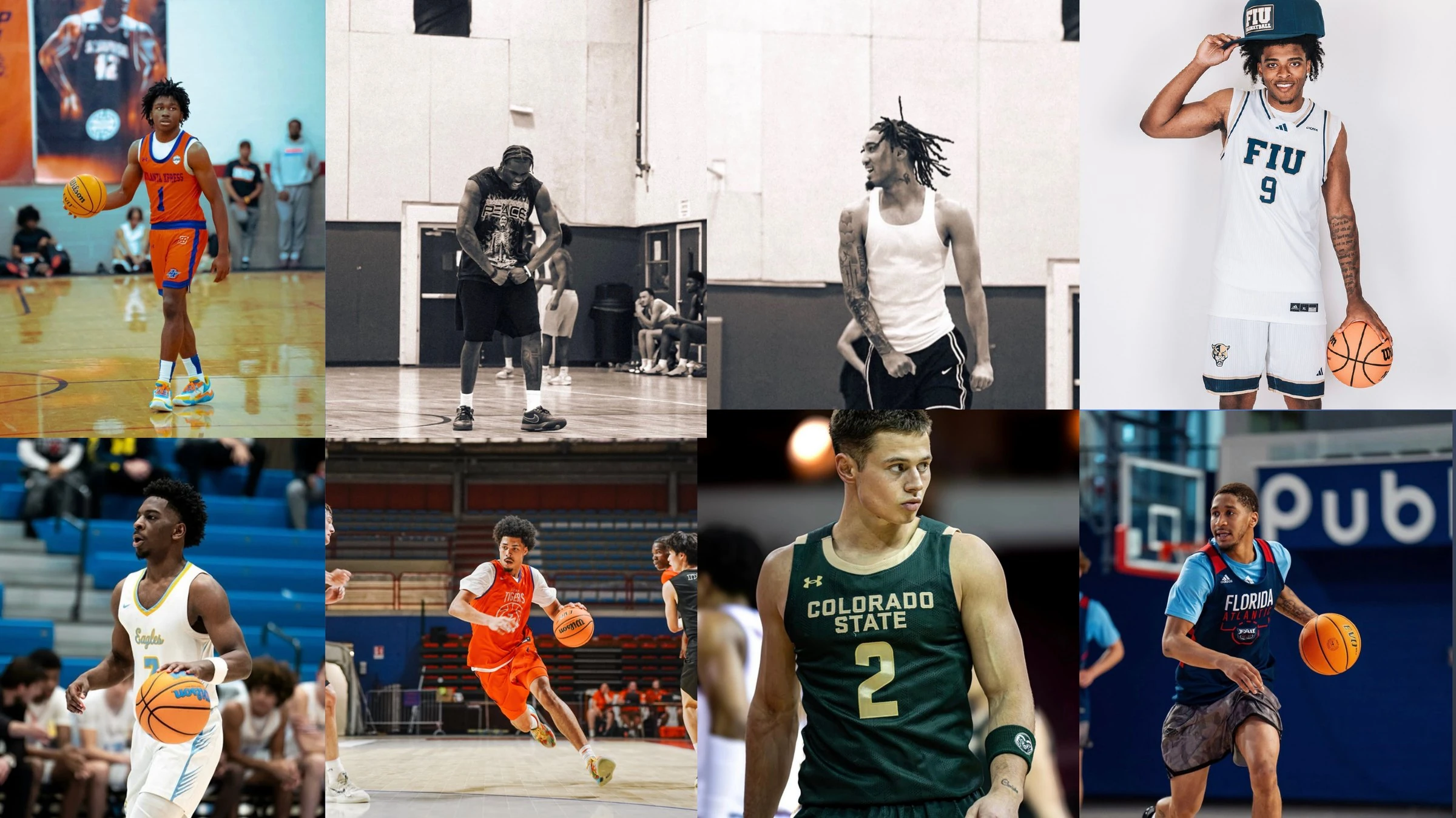 Collage of eight athletes in the Sevenity network training and playing in game jerseys.