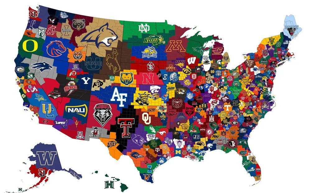 Map of the United States covered in college program logos