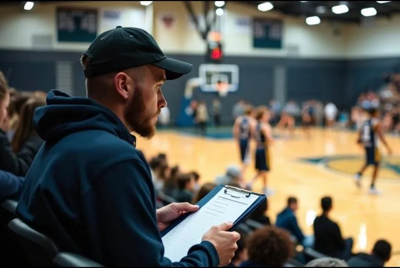 A scout taking notes courtside at a basketball game